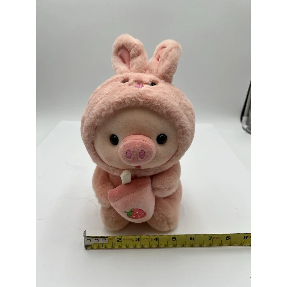 QQMCC Pink Pig Plush Bunny Hood Strawberry Boba Bubble Tea Stuffed Animal 12
